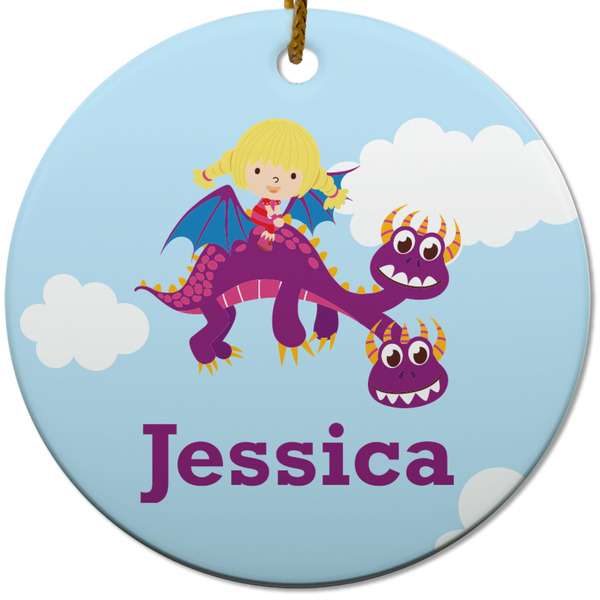Girl Flying on a Dragon Ceramic Flat Ornament - Circle (Front)