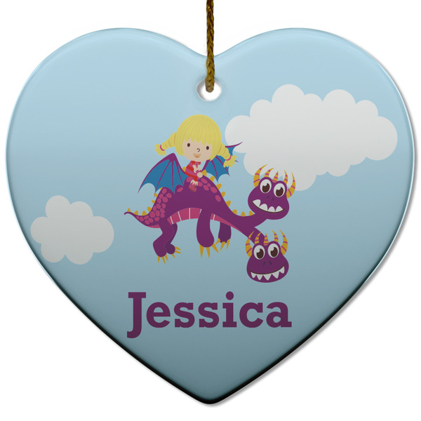 Custom Girl Flying on a Dragon Heart Ceramic Ornament w/ Name or Text