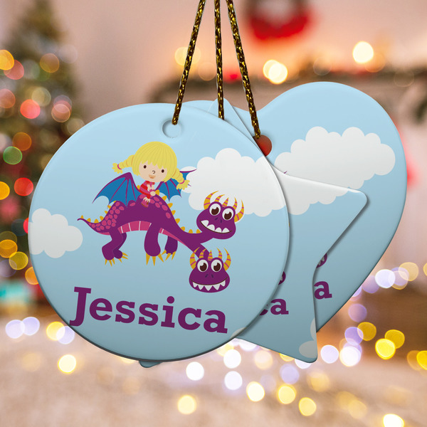 Custom Girl Flying on a Dragon Ceramic Ornament w/ Name or Text