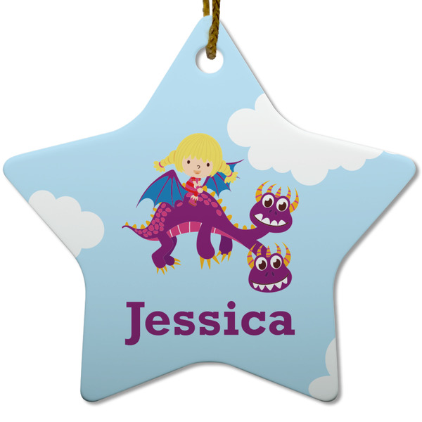Custom Girl Flying on a Dragon Star Ceramic Ornament w/ Name or Text