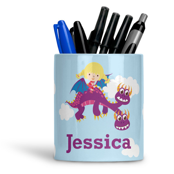 Custom Girl Flying on a Dragon Ceramic Pen Holder