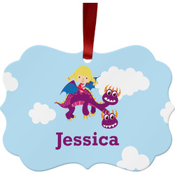 Girl Flying on a Dragon Metal Frame Ornament - Double Sided w/ Name or Text