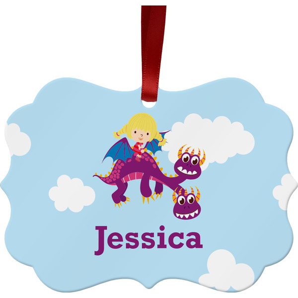 Custom Girl Flying on a Dragon Metal Frame Ornament - Double Sided w/ Name or Text