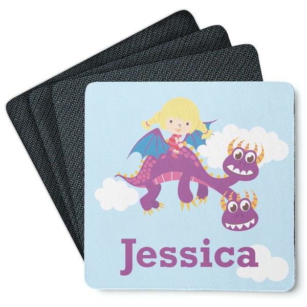 Custom Girl Flying on a Dragon Square Rubber Backed Coasters - Set of 4 (Personalized)