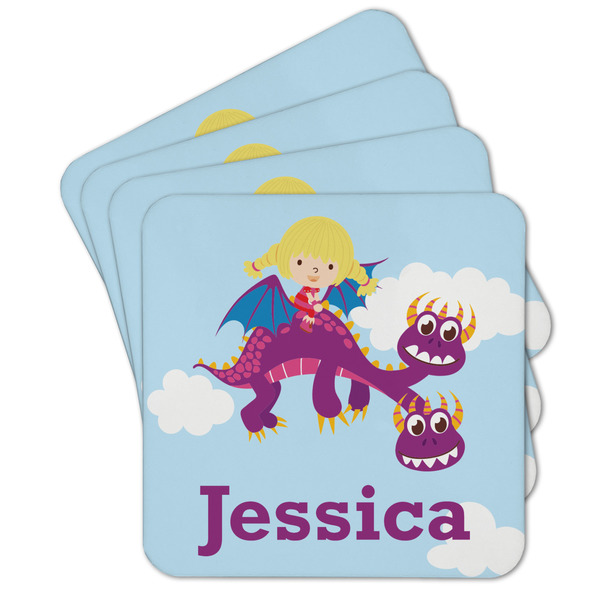 Custom Girl Flying on a Dragon Cork Coaster - Set of 4 w/ Name or Text