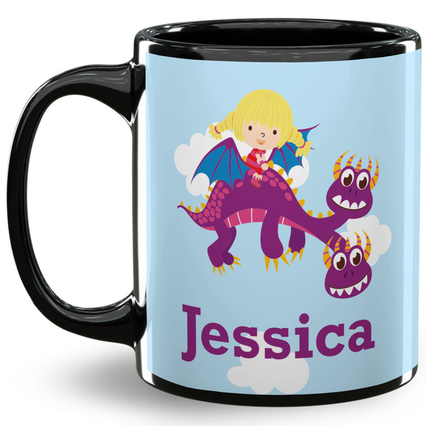Custom Girl Flying on a Dragon 11 Oz Coffee Mug - Black (Personalized)