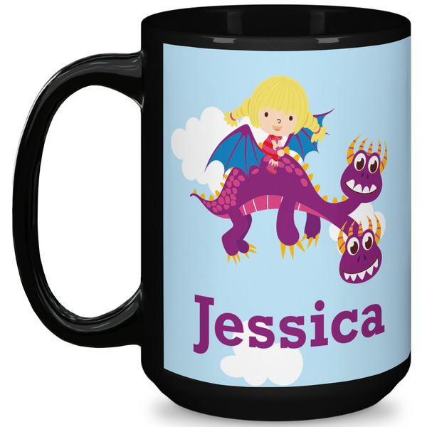 Custom Girl Flying on a Dragon 15 Oz Coffee Mug - Black (Personalized)
