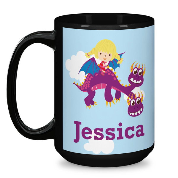 Girl Flying on a Dragon Coffee Mug - 15 oz - Black