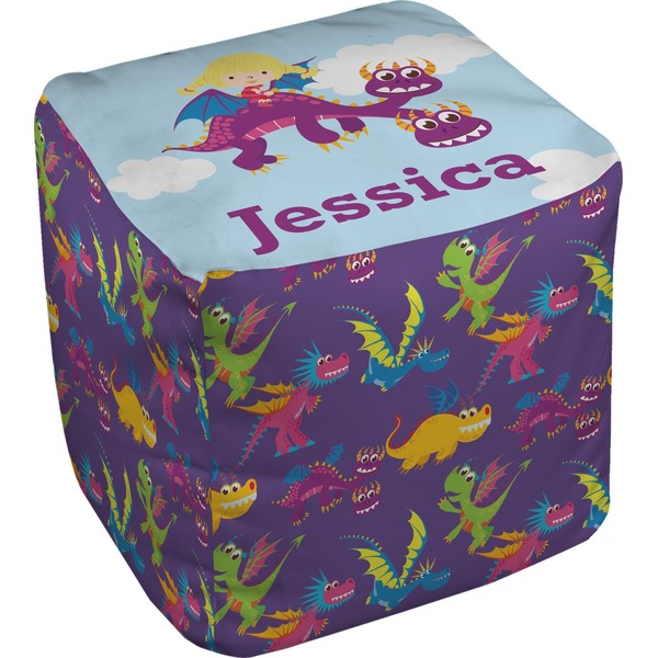 Custom Girl Flying on a Dragon Cube Pouf Ottoman - 13" (Personalized)