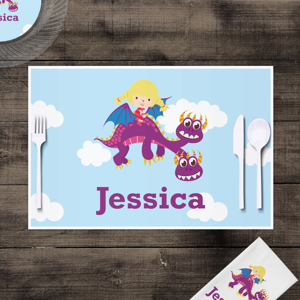Girl Flying on a Dragon Disposable Paper Placemat - In Context