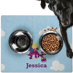 Girl Flying on a Dragon Dog Food Mat - Large w/ Name or Text