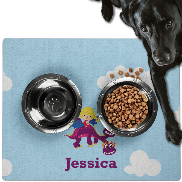 Custom Girl Flying on a Dragon Dog Food Mat - Large w/ Name or Text