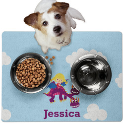 Girl Flying on a Dragon Dog Food Mat - Medium w/ Name or Text