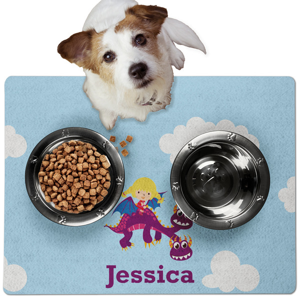 Girl Flying on a Dragon Dog Food Mat - Medium LIFESTYLE