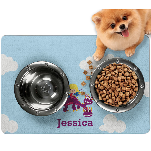 Custom Girl Flying on a Dragon Dog Food Mat - Small w/ Name or Text