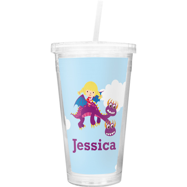 Custom Girl Flying on a Dragon Double Wall Tumbler with Straw (Personalized)