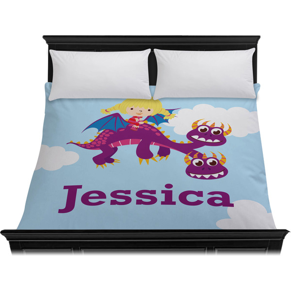 Girl Flying on a Dragon Duvet Cover - King - On Bed - No Prop