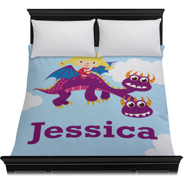 Girl Flying on a Dragon Duvet Cover - Queen - On Bed - No Prop