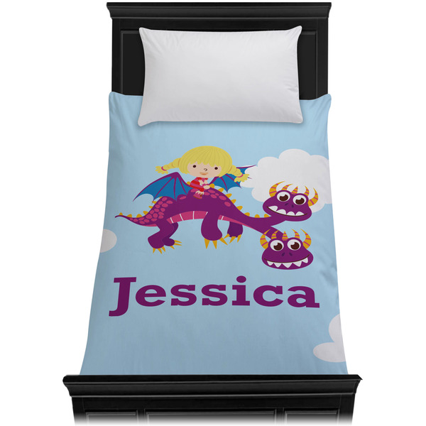 Girl Flying on a Dragon Duvet Cover - Twin - On Bed - No Prop