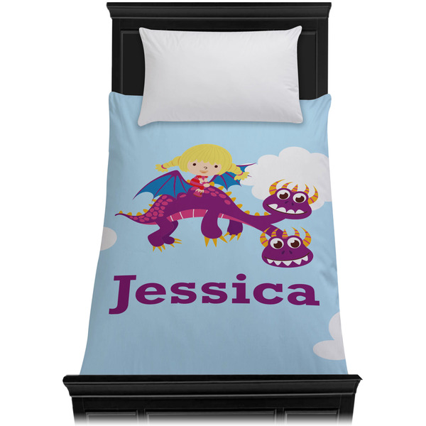 Girl Flying on a Dragon Duvet Cover - Twin XL - On Bed - No Prop