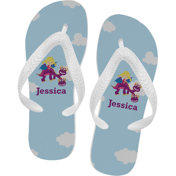 Custom Girl Flying on a Dragon Flip Flops - Large (Personalized)