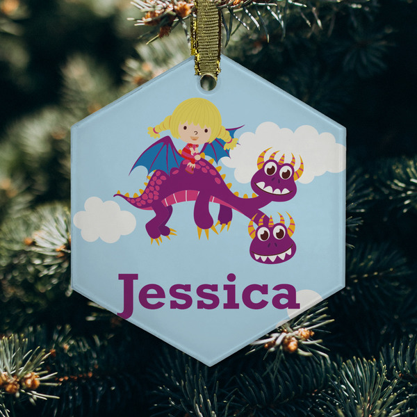 Girl Flying on a Dragon Frosted Glass Ornament - Hexagon (Lifestyle)