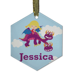 Girl Flying on a Dragon Flat Glass Ornament - Hexagon w/ Name or Text