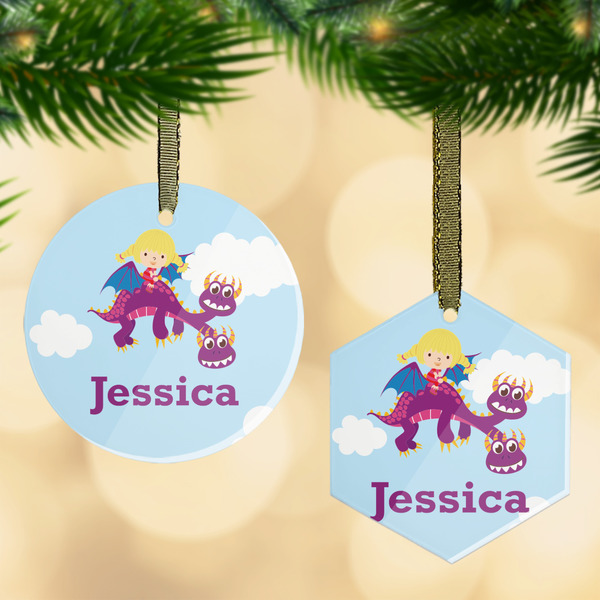 Custom Girl Flying on a Dragon Flat Glass Ornament w/ Name or Text