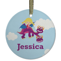 Girl Flying on a Dragon Flat Glass Ornament - Round w/ Name or Text