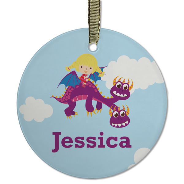 Custom Girl Flying on a Dragon Flat Glass Ornament - Round w/ Name or Text