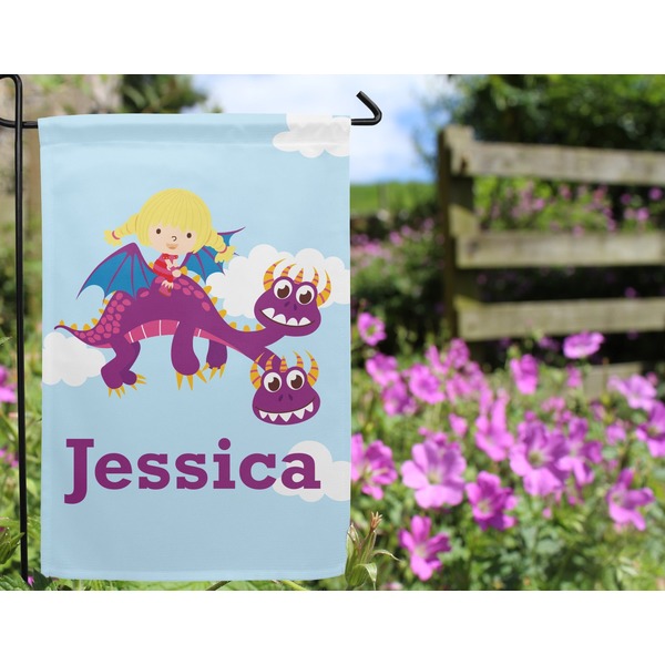 Girl Flying on a Dragon Garden Flag - Outside In Flowers