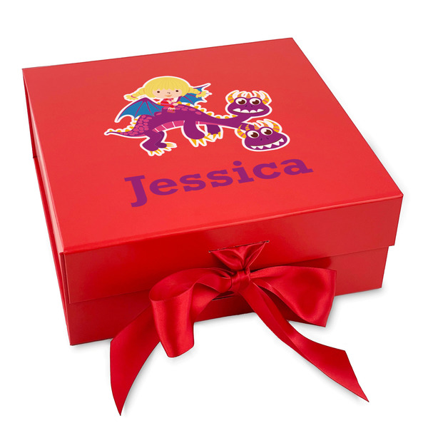 Custom Girl Flying on a Dragon Gift Box with Magnetic Lid - Red (Personalized)