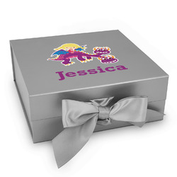 Girl Flying on a Dragon Gift Box with Magnetic Lid - Silver (Personalized)