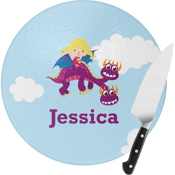Custom Girl Flying on a Dragon Round Glass Cutting Board - Medium (Personalized)