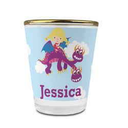Girl Flying on a Dragon Glass Shot Glass - 1.5 oz - with Gold Rim - Single (Personalized)