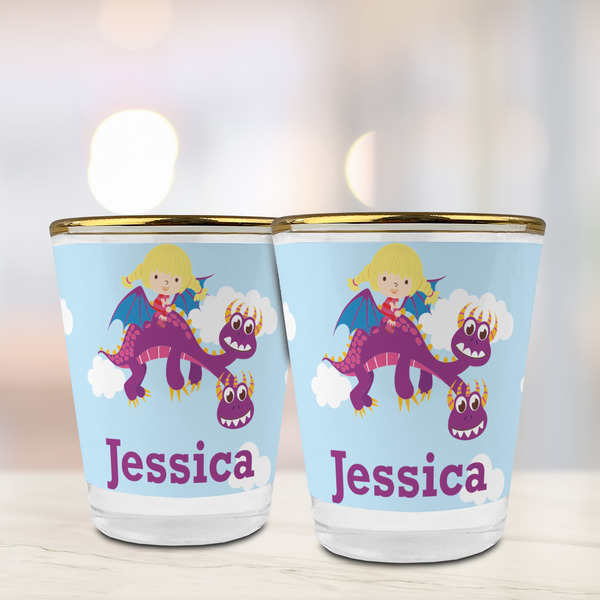Girl Flying on a Dragon Glass Shot Glass - with gold rim - LIFESTYLE