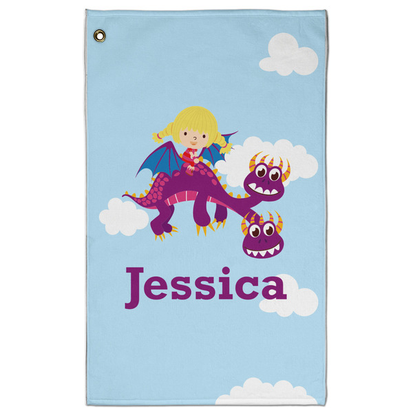 Custom Girl Flying on a Dragon Golf Towel - Poly-Cotton Blend w/ Name or Text