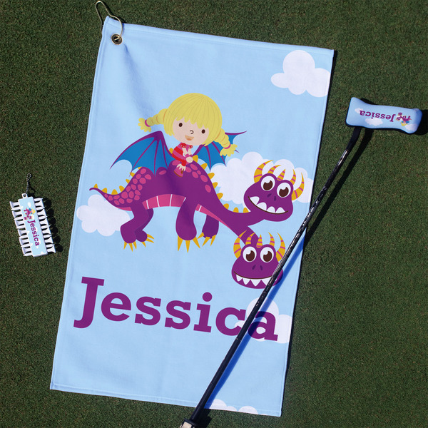 Custom Girl Flying on a Dragon Golf Towel Gift Set (Personalized)