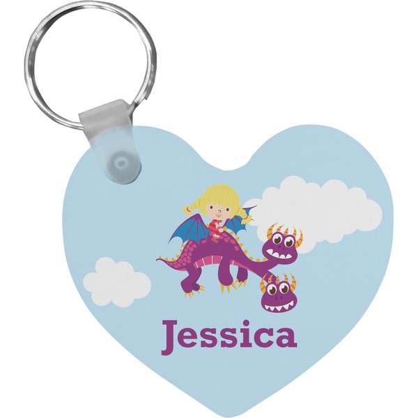 Custom Girl Flying on a Dragon Heart Plastic Keychain w/ Name or Text