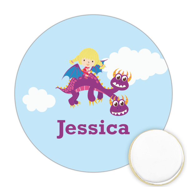 Custom Girl Flying on a Dragon Printed Cookie Topper - Round (Personalized)