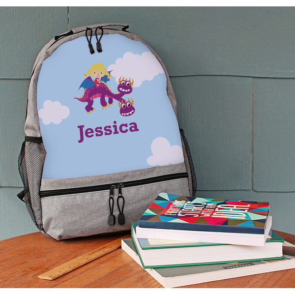 Girl Flying on a Dragon Large Backpack - Gray - On Desk