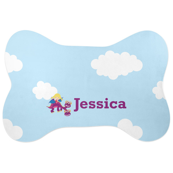Custom Girl Flying on a Dragon Bone Shaped Dog Food Mat (Personalized)