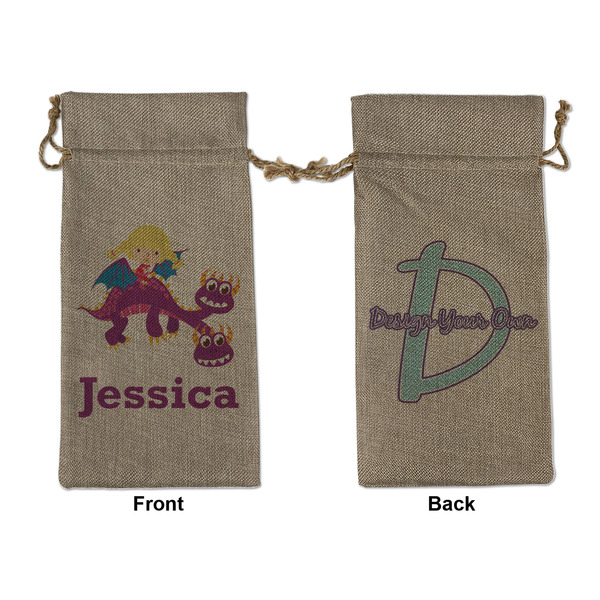 Custom Girl Flying on a Dragon Large Burlap Gift Bag - Front & Back (Personalized)