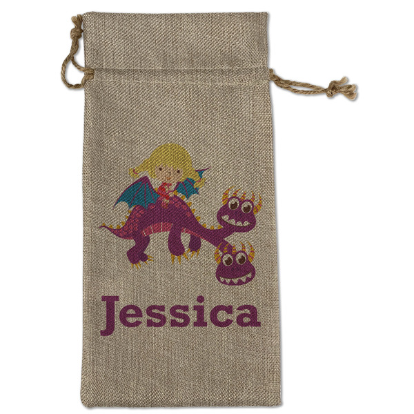Girl Flying on a Dragon Large Burlap Gift Bags - Front