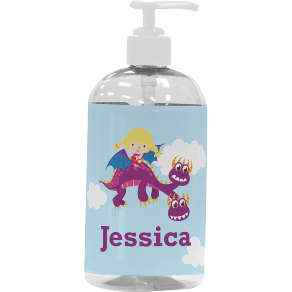 Custom Girl Flying on a Dragon Plastic Soap / Lotion Dispenser (16 oz - Large - White) (Personalized)
