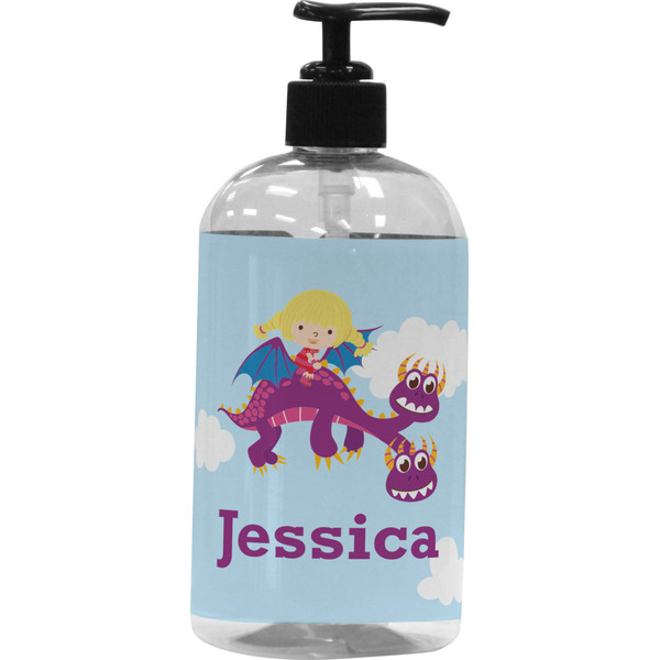 Custom Girl Flying on a Dragon Plastic Soap / Lotion Dispenser (16 oz - Large - Black) (Personalized)