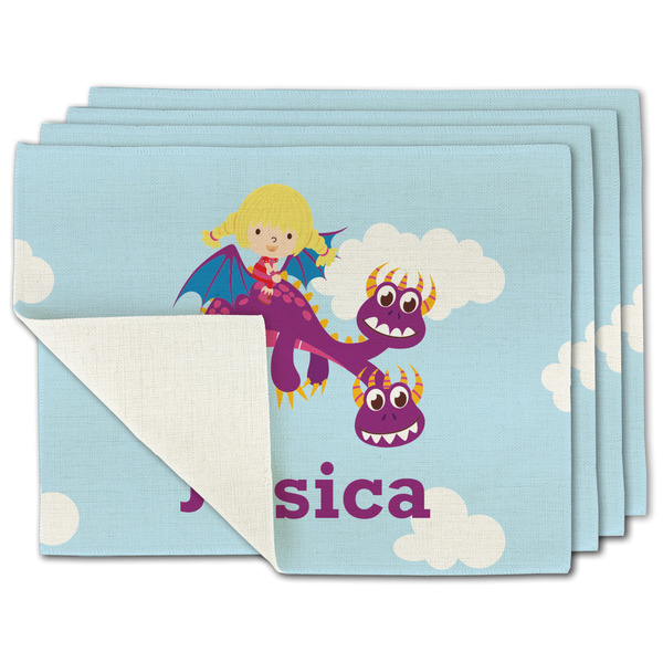 Custom Girl Flying on a Dragon Single-Sided Linen Placemat - Set of 4 w/ Name or Text