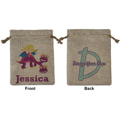 Girl Flying on a Dragon Medium Burlap Gift Bag - Front & Back (Personalized)