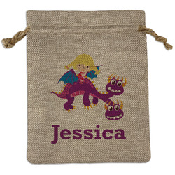 Girl Flying on a Dragon Medium Burlap Gift Bag - Front (Personalized)