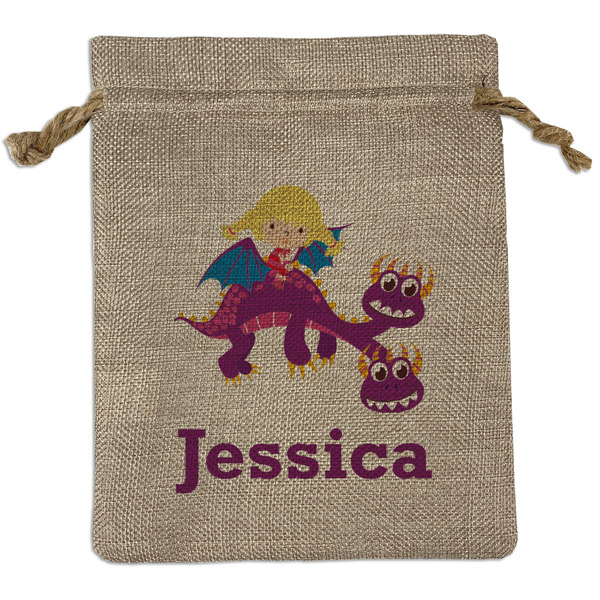 Custom Girl Flying on a Dragon Burlap Gift Bag (Personalized)